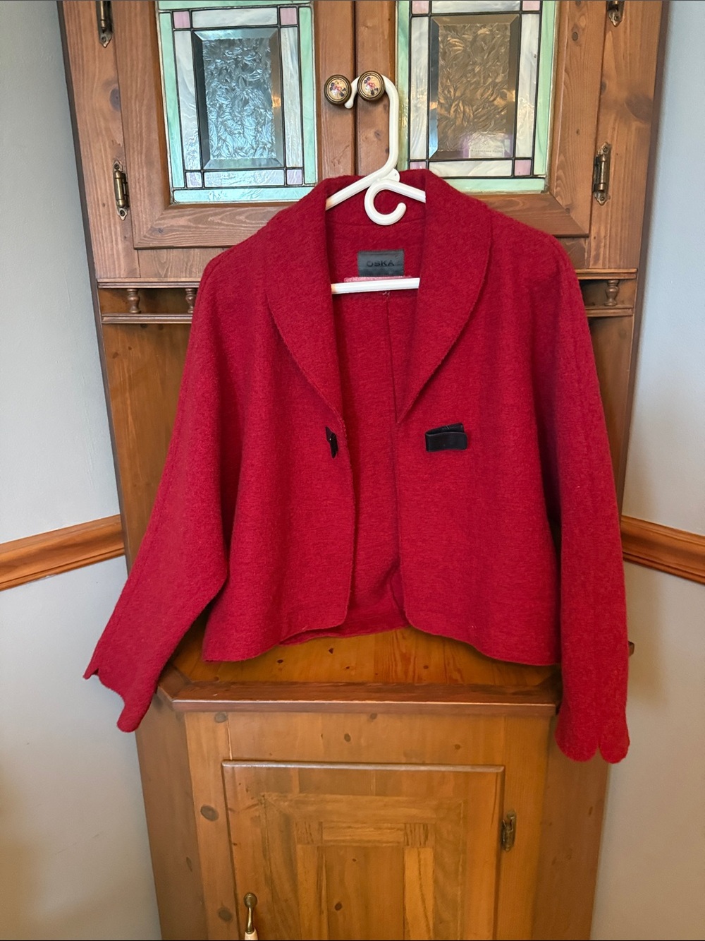 OSKA Red 100% Virgin Wool Cropped Shawl Collar Toggle Jacket - Size 1/S-4-6